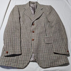 Dunn & Co Harris Tweed Blazer Mens 42R Brown Houndstooth Wool Sport Coat UK Made
